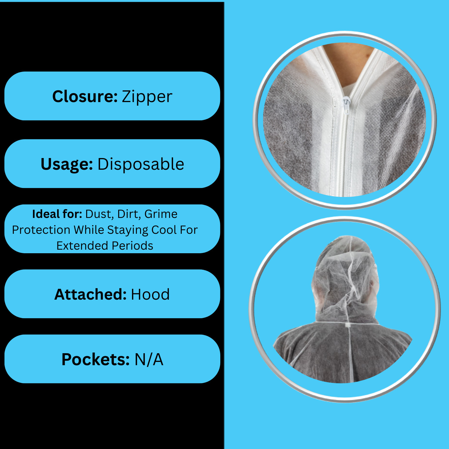 Disposable Polypropylene Coverall with Hood, Elastic Cuffs White, 2XL Size 25Pcs