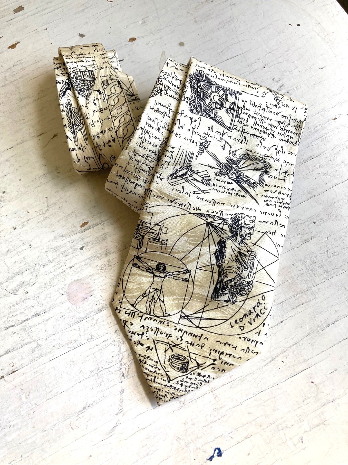 Museum Artifacts Silk Jacquard Necktie Leonardo da Vinci Sketches Cream Black