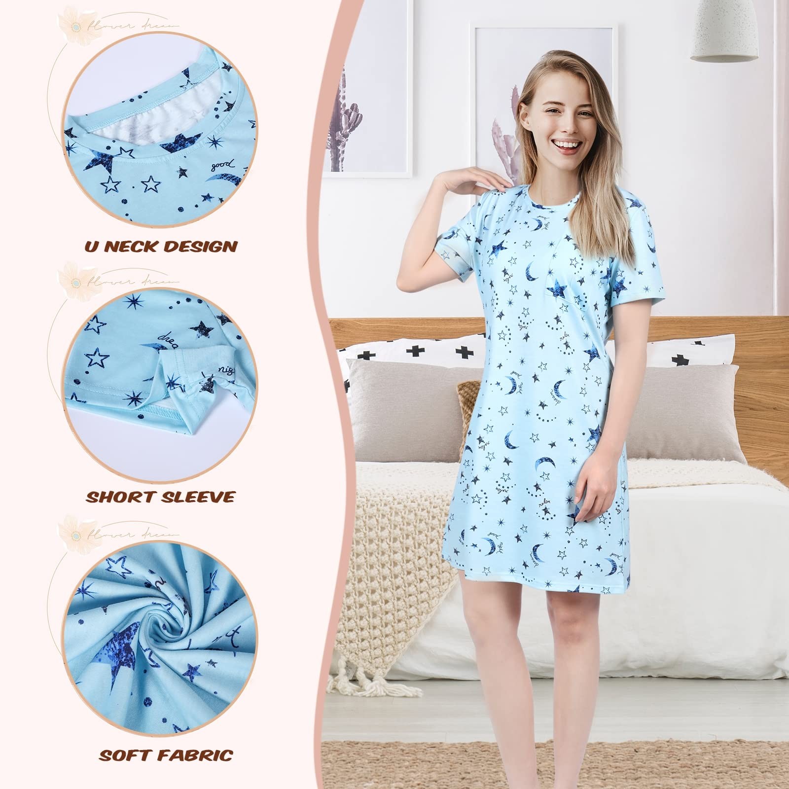 3 Pack Women’s Short Sleeve Cotton Nightgown (L, Stylish Style)