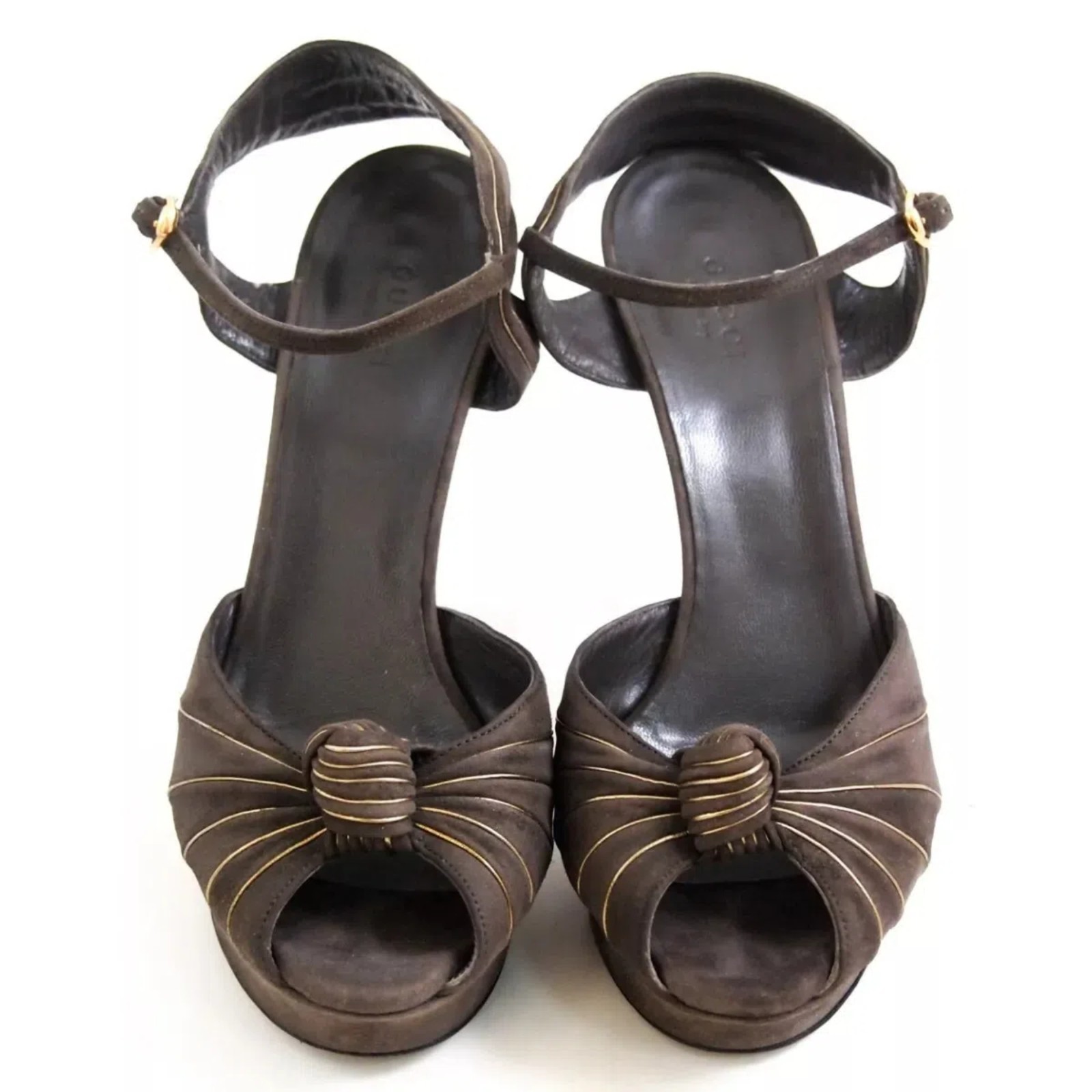 Gucci Tom Ford Era Heels 38 Brown Suede Gold Knot Platform Sandals US 8