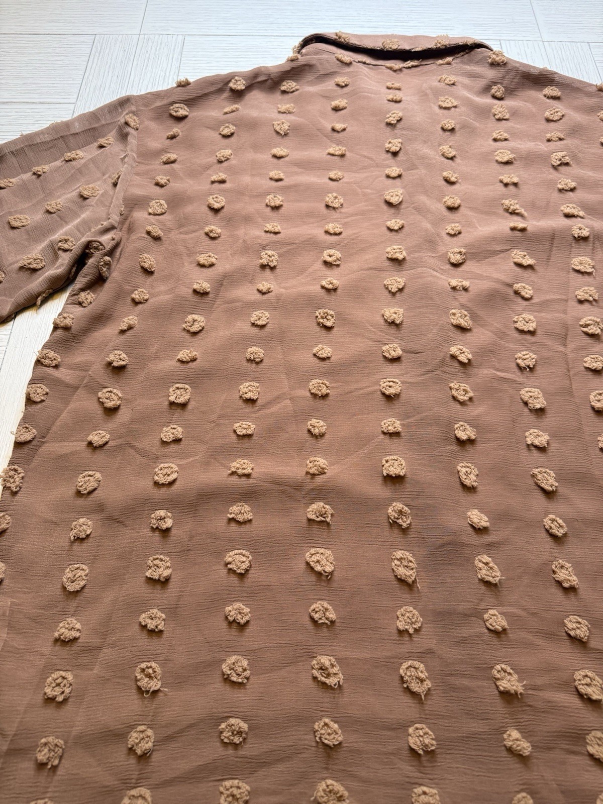 Brown Semi Sheer Swiss Dot Long Sleeve Button Up Boho Poly Collared Blouse Sz XL