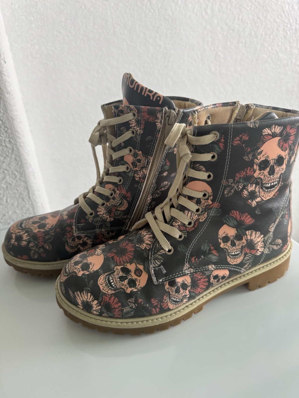 Floral And Skull Combat Boot Zip Side With Front Lace Up Not Leather