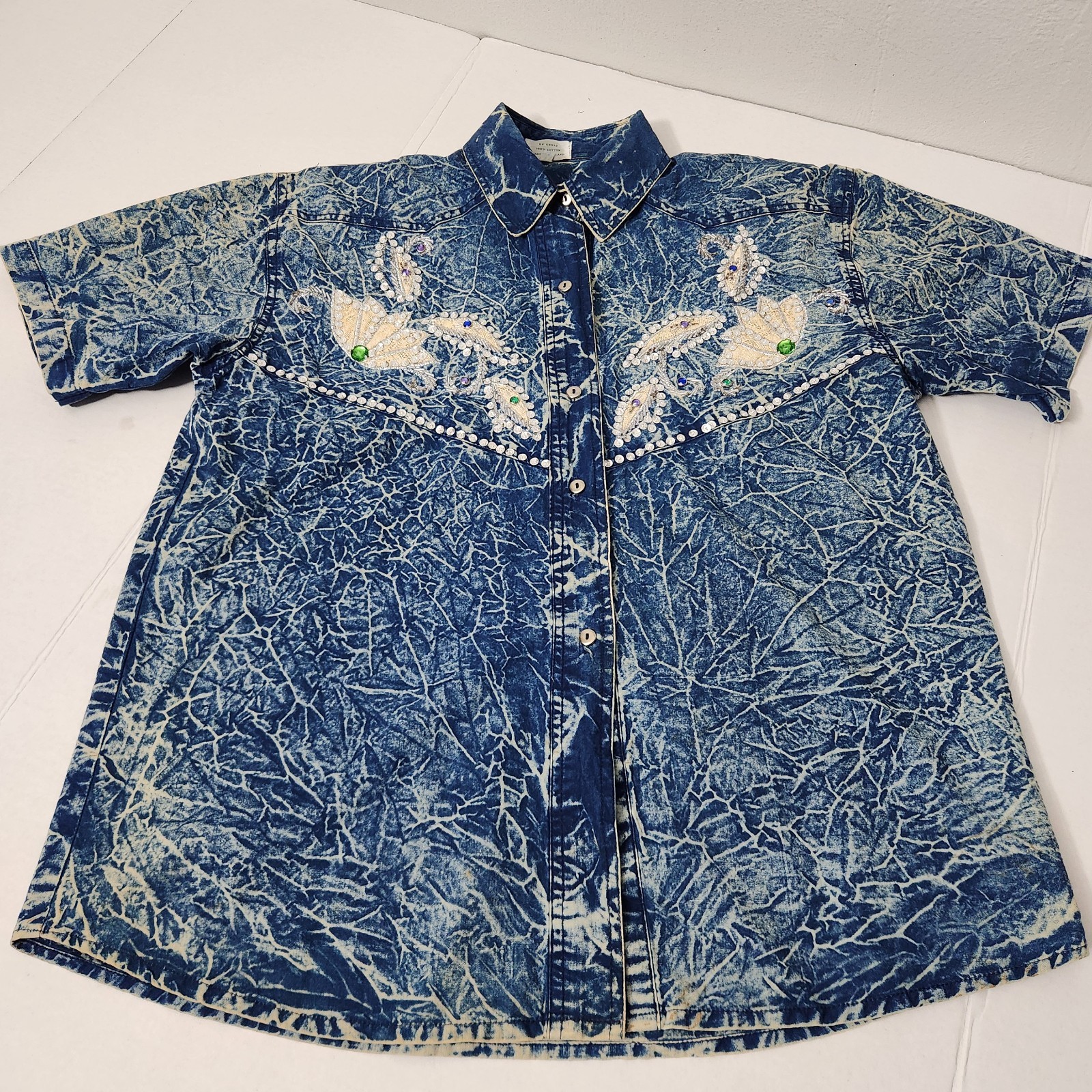 Vintage 80s 90s Floral Pearl Beaded Denim Button Up Top Western Cowgirl SMALL