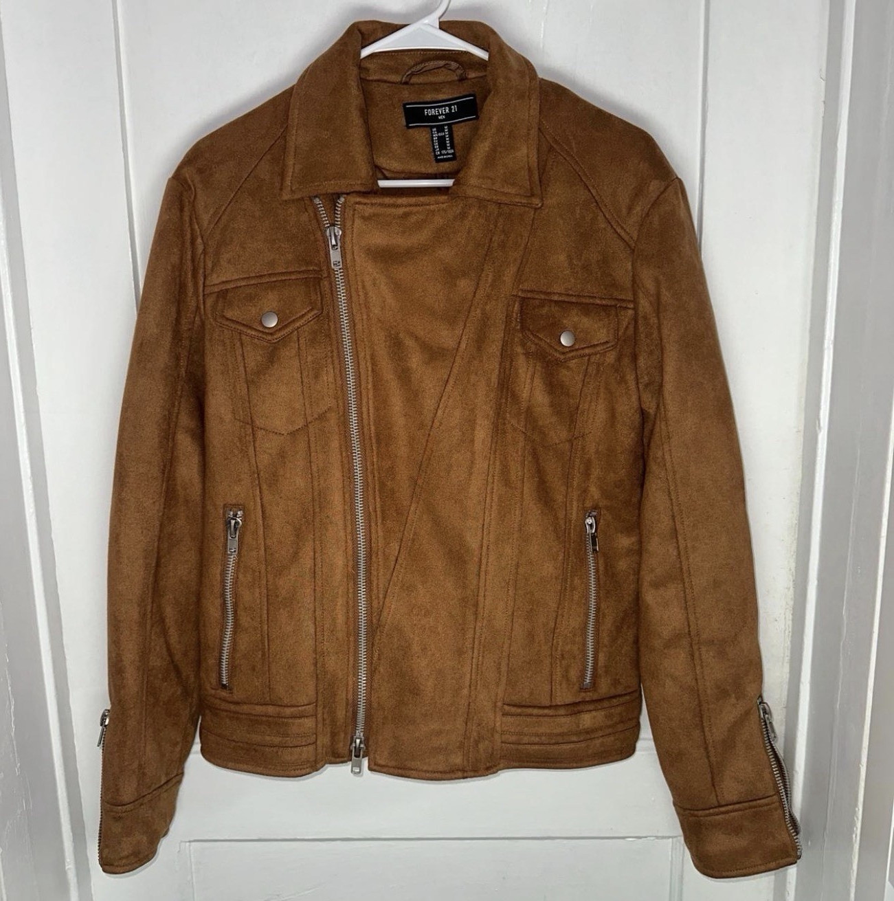 FOREVER 21 Men’s Brown Biker Jacket Full Zip Zipper Pockets Long Sleeve M