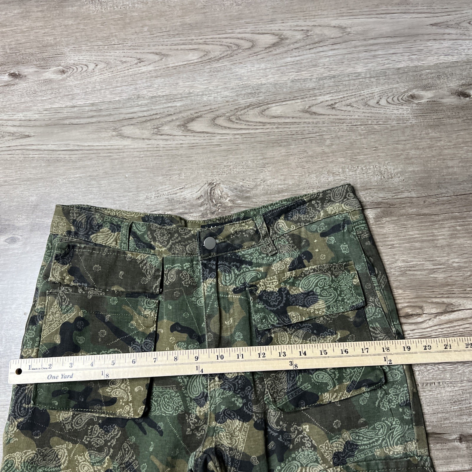 BoohooMan Stacked Pants Mens 32 Camo Bandana Print Cargo Pocket Flare Leg NWT