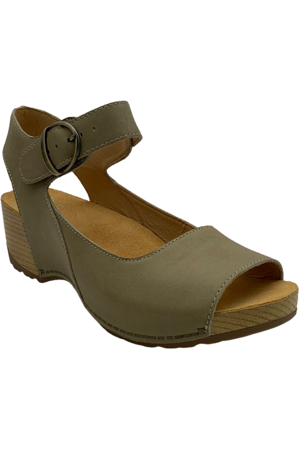 Dansko Burnished Calf Leather Wedge Sandals Tiana Khaki