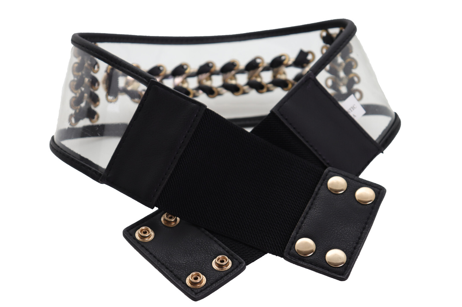 Women Black Elastic Wide Waistband Miami Beach Sexy Belt Gold Metal Chain XS S