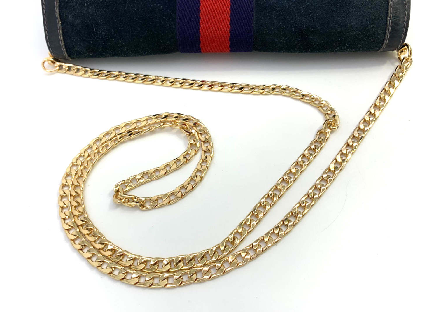 GUCCI VINTAGE Web Stripe Shoulder Bag Suede Leather Navy Classic Authentic