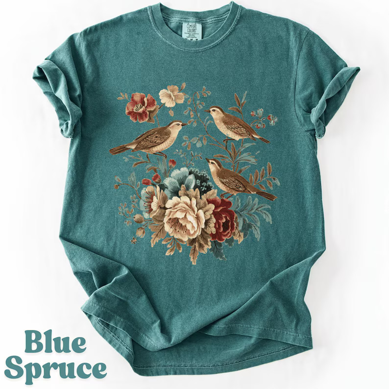 Vintage Floral Birds Comfort Tee Shirt Nature Lover Gift Soft Casual