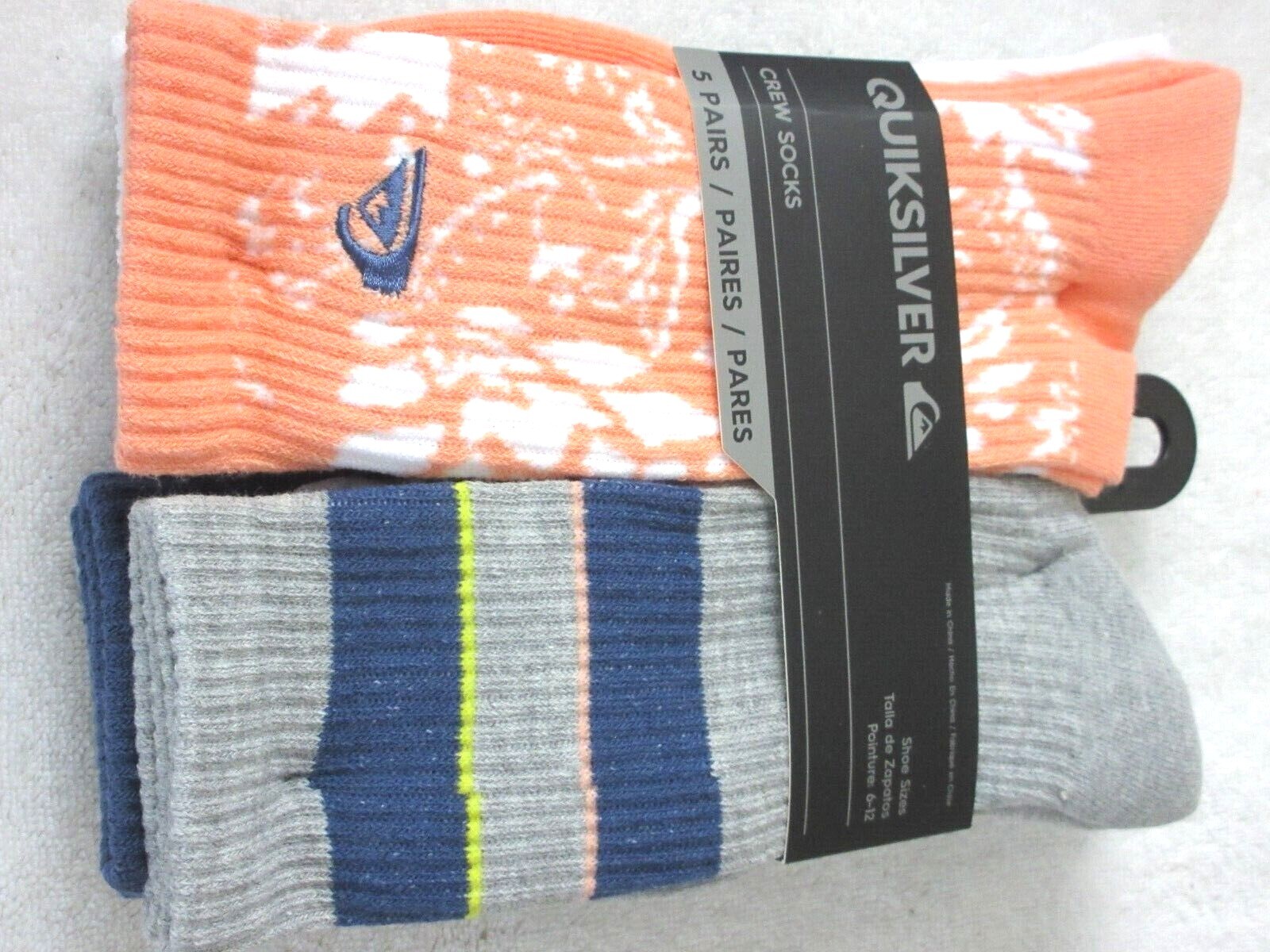Quiksilver Men’s Crew Length socks lot of 5 pairs Size 6-12 NWT Ships Free