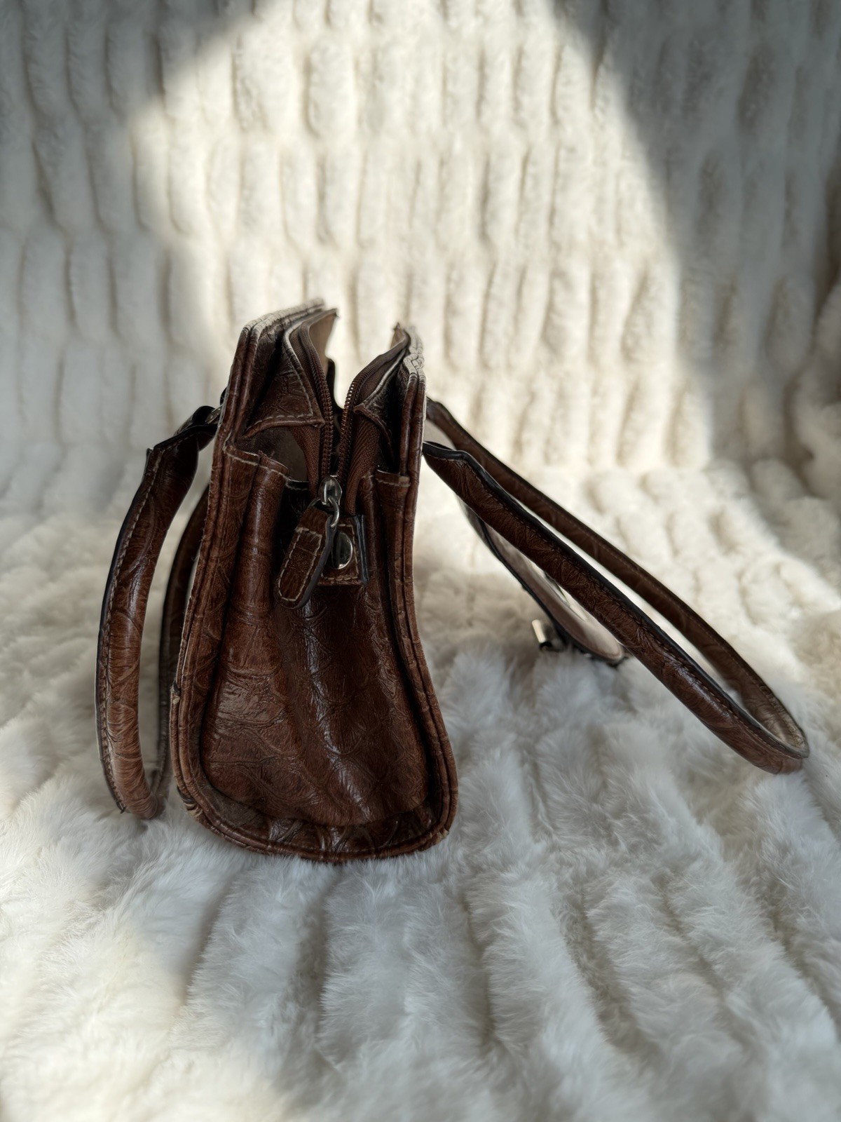Brown Embossed Shoulder Bag Double Handles Buckle Strap Accents Magnetic Zip