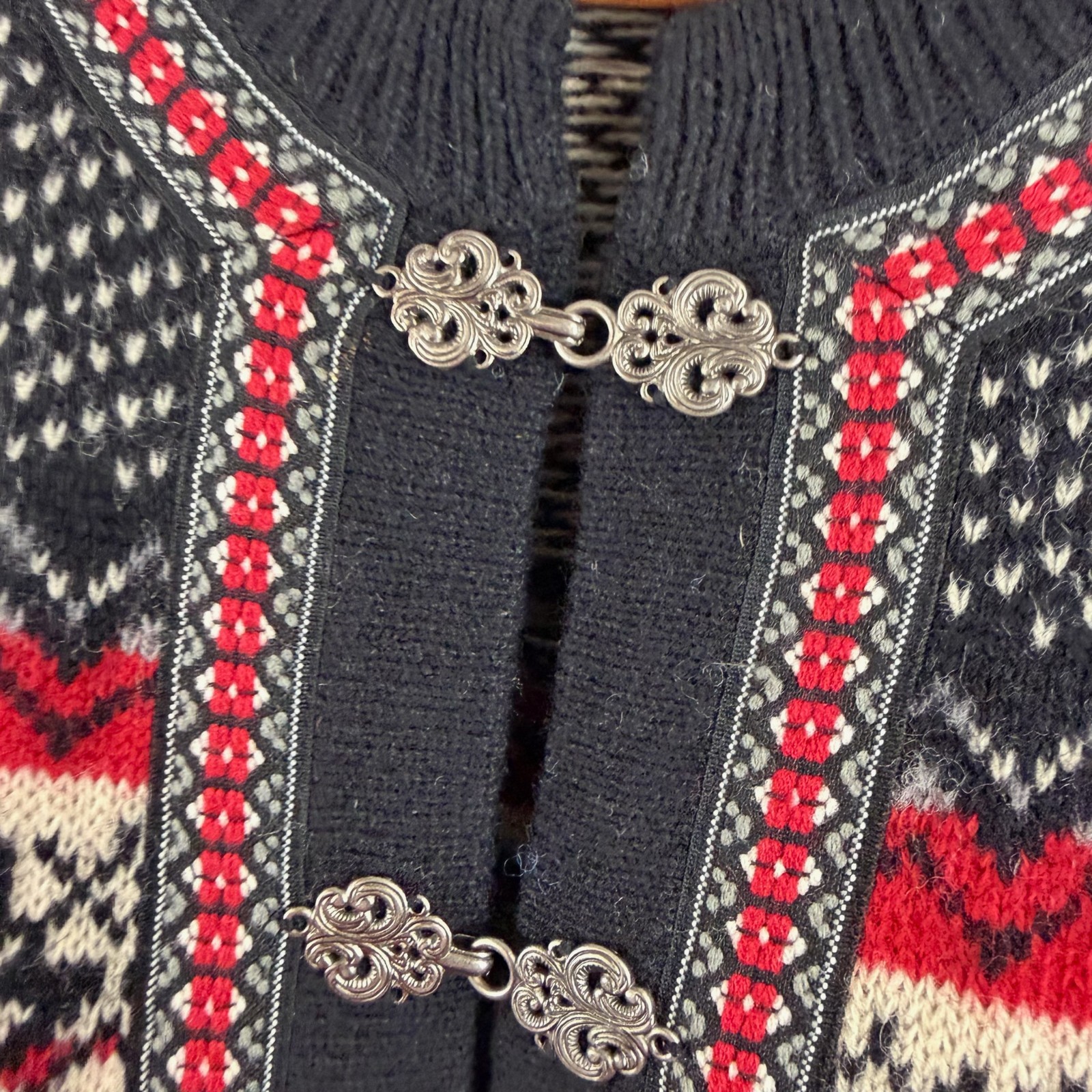 VTG Women Willi Smith Black Fair Isle Shetland Wool Cardigan Sweater Size Large