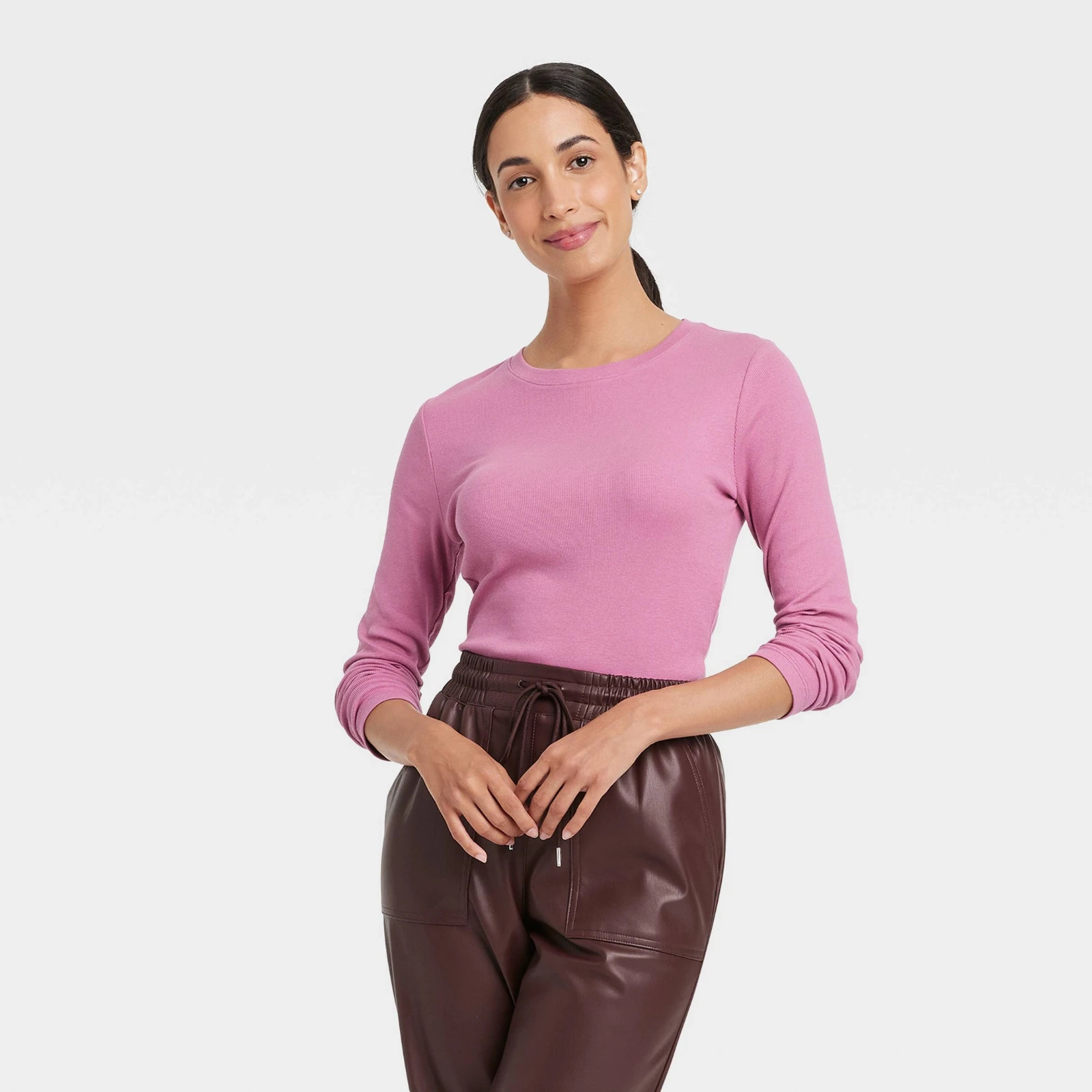 Medium – Womens Slim Fit Long Sleeve Ribbed T-Shirt – A New Day – Mauve