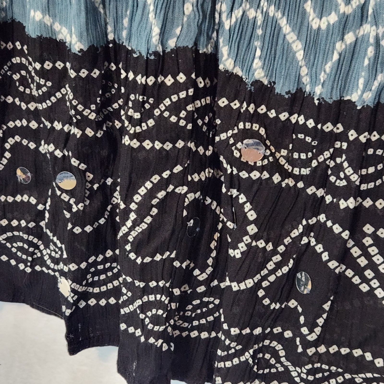 Y2K One Size Crinkle Maxi Skirt Teal Black Batik-Look Mirrors Boho Indian