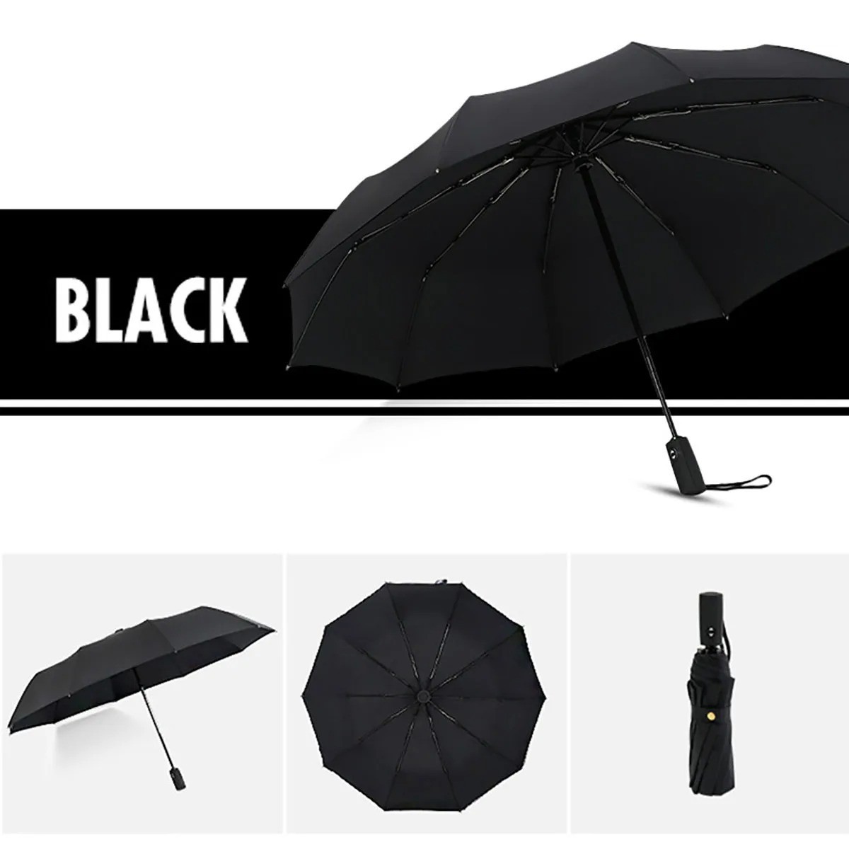 Strong Windproof Stick Compact Umbrella for Rain, One-Click Automatic Open and C