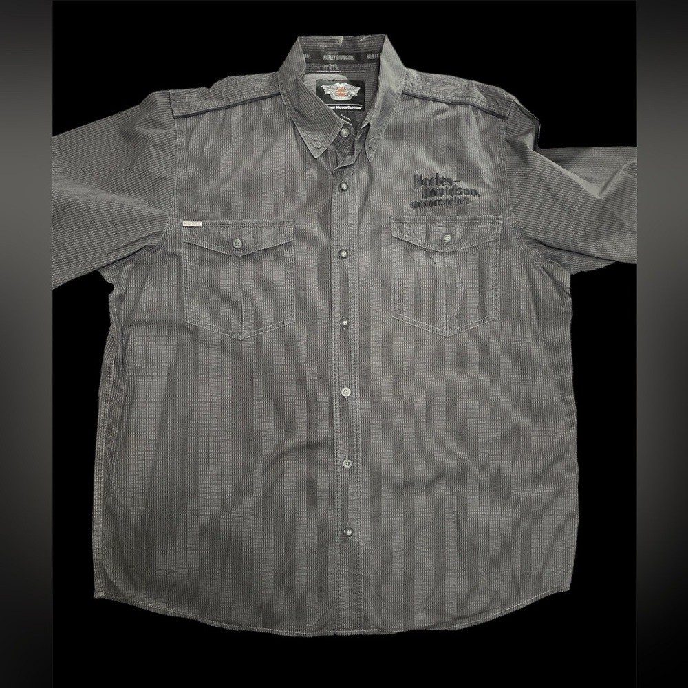 Harley-Davidson Mens Grey Black Patterned Button Up Shirt Logo Patch XL