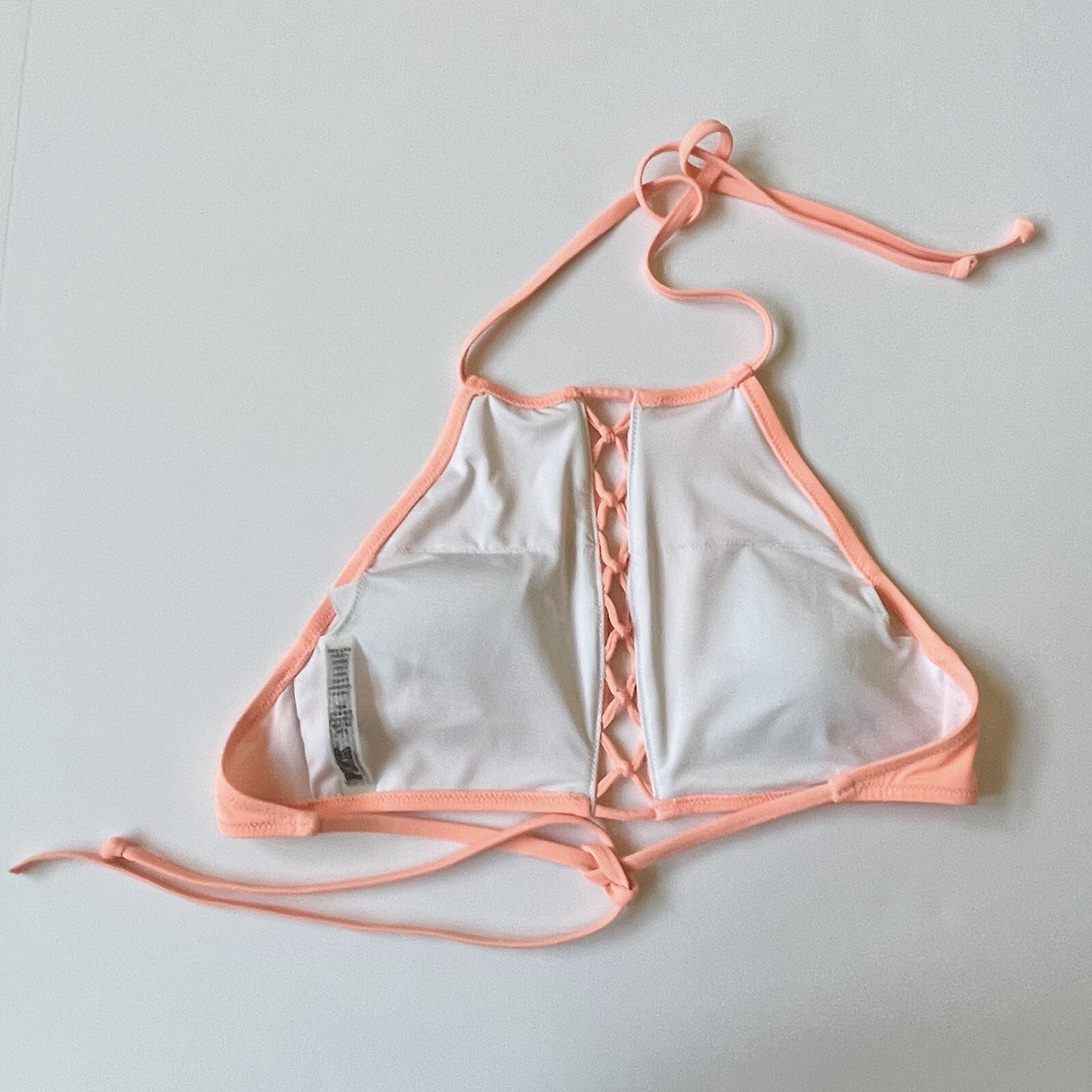 PINK Victoria Secret Swim Top Sz Small S C75 (34C) Peach Halter Strap Back Tie
