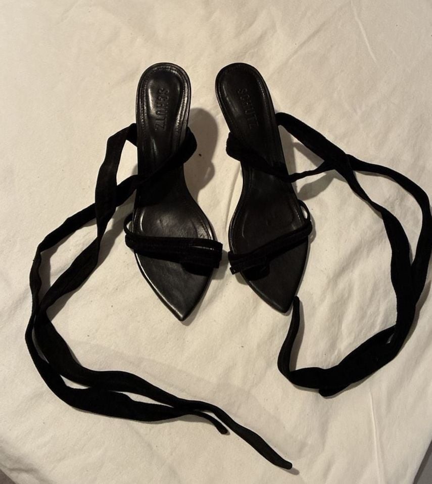 Schutz Black Suede Ankle Wrap Toe Ring Kitten Heels