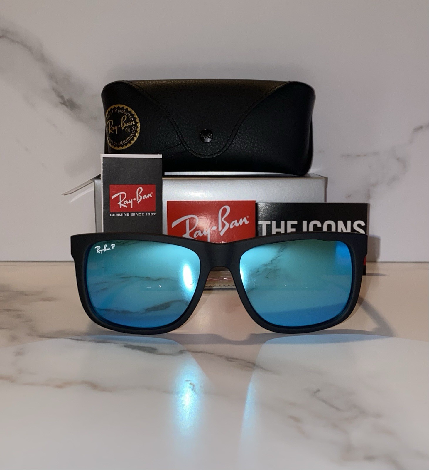 Ray-Ban Justin RB4165 Polarized Sunglasses Blue Mirror Lens UV400 Black 54mm