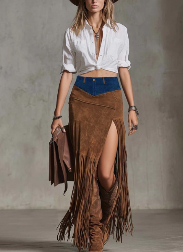 Women’s Western Fringe Suede Maxi Skirt with Denim Waist & Slit