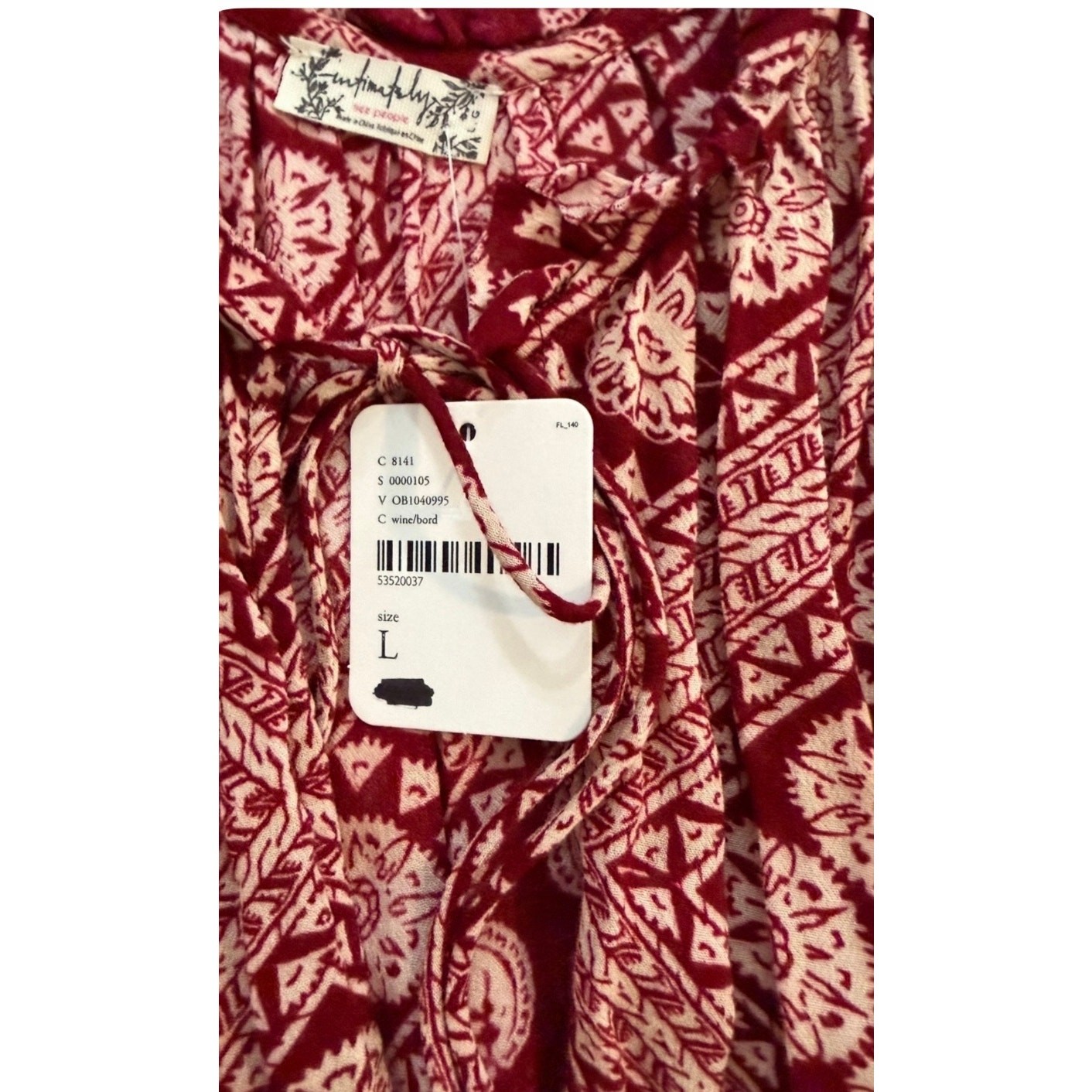 Free People Intimately Bordeaux/Wine Paisley Plunge Tie Neck Bodysuit LARGE NWT