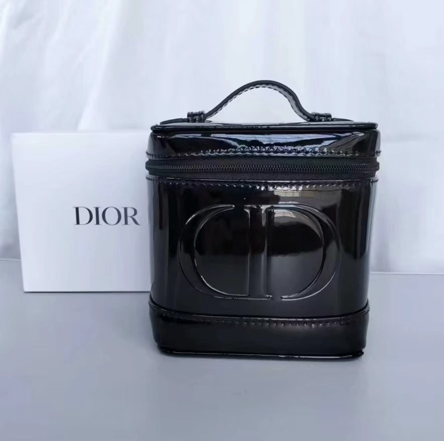 Black Patent Faux Leather Embossed CD Logo Mini Vanity Makeup Bag Beauty GWP