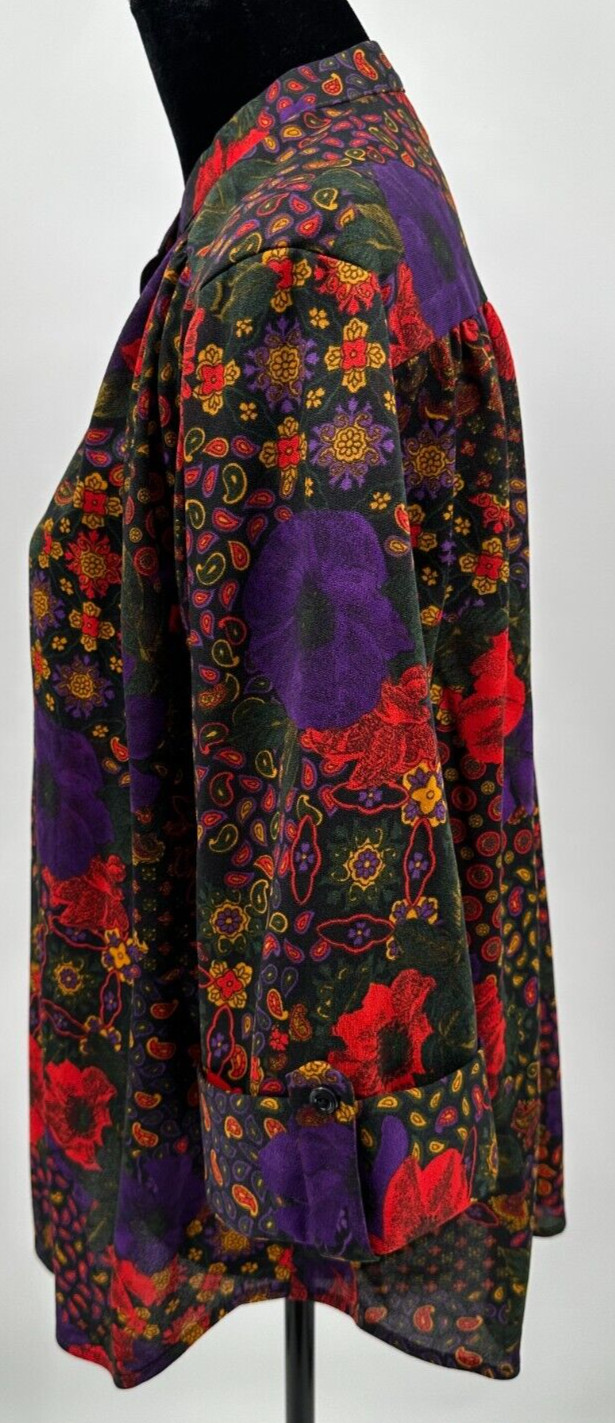 Top Notch Womens 3/4 Sleeve Blouse Size 38/18W Black Paisley Floral Retro Print