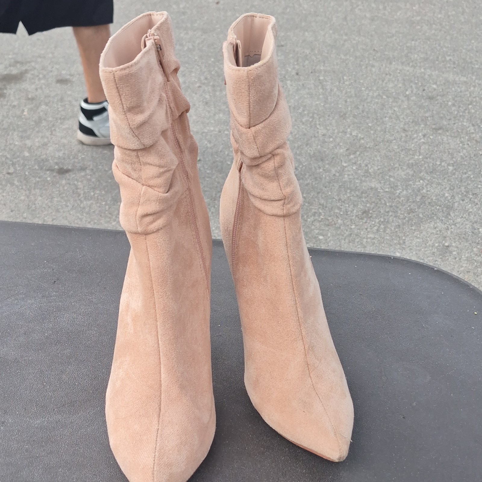 Women’s Beige Suede Pointed Toe Ankle Bootie, Stiletto Heel Side Zip