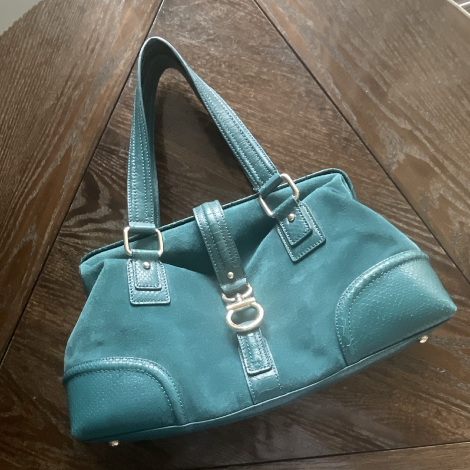 Talbots Teal Satchel Top Handle Bag Buckle Accent Inner Pockets Bottom Studs