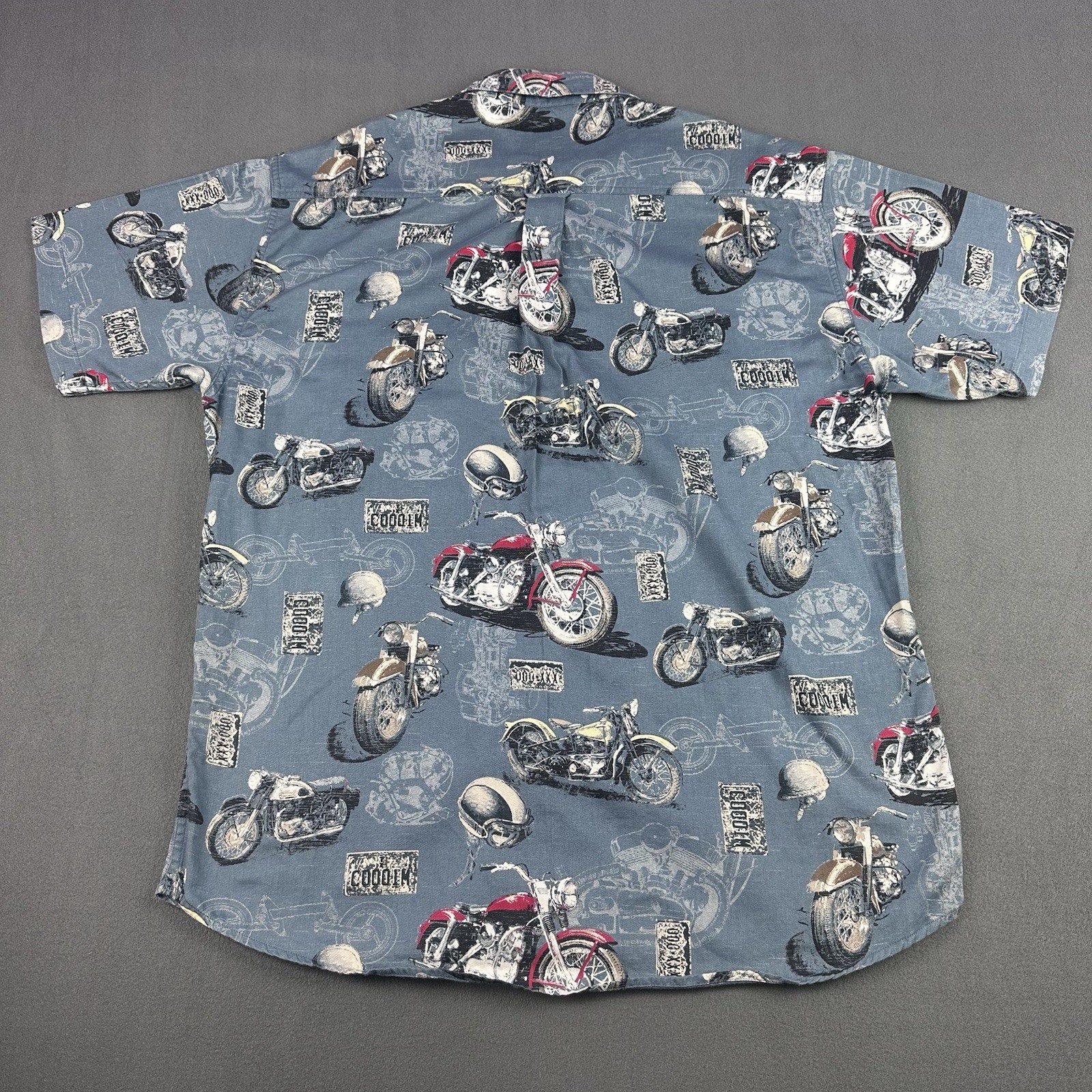 Redhead Motorcycle Camp Shirt Slate Blue Novelty Print Cotton Preowned