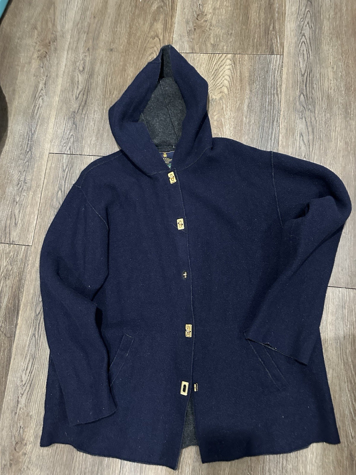 Vintage Lauren Ralph Lauren Wool Coat Women Medium Navy Hooded Toggle Turn Lock