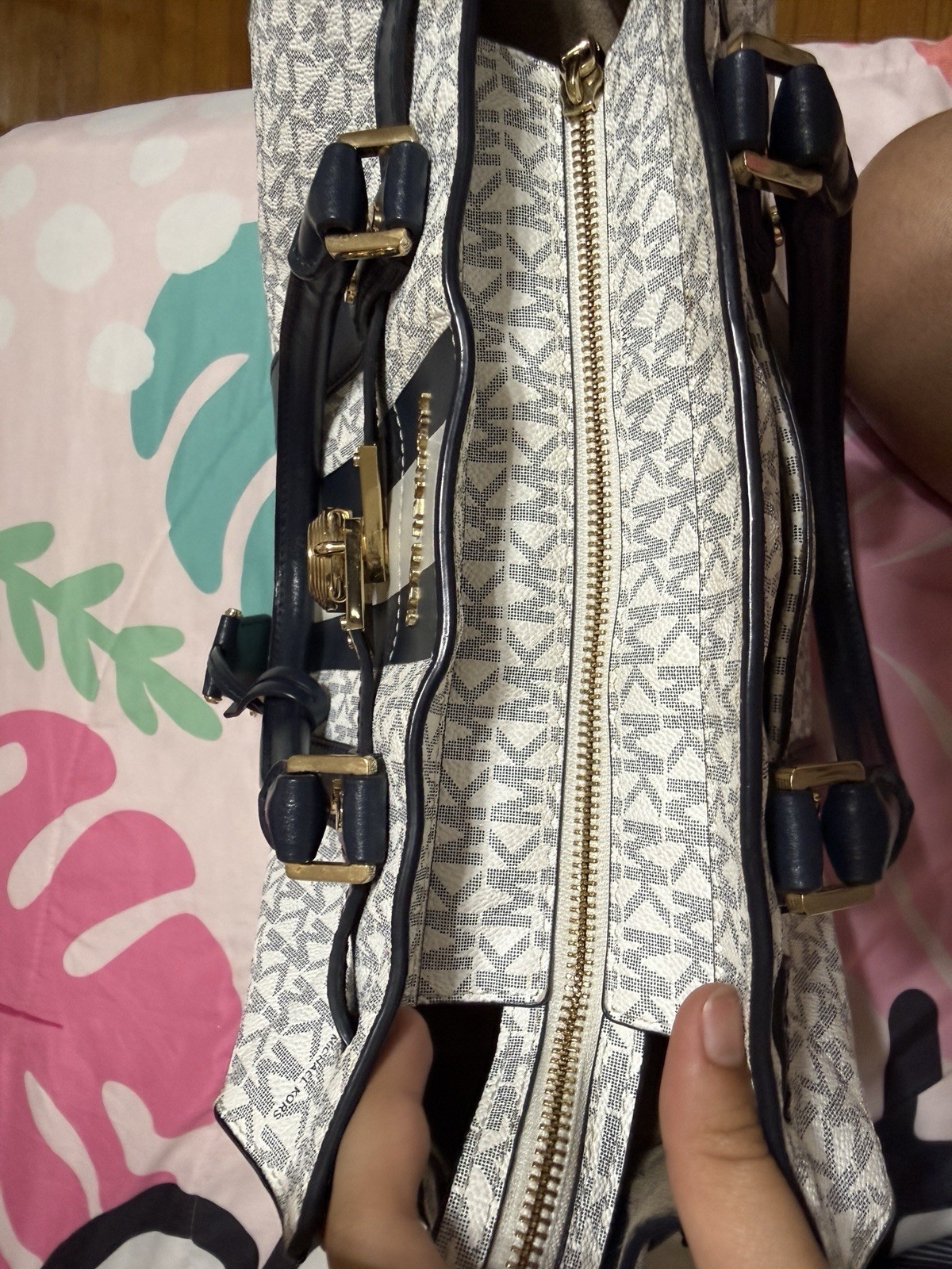 Michael Kors Medium Satchel Top Handle MK Logo Stripe Zip Gold Lock & Key
