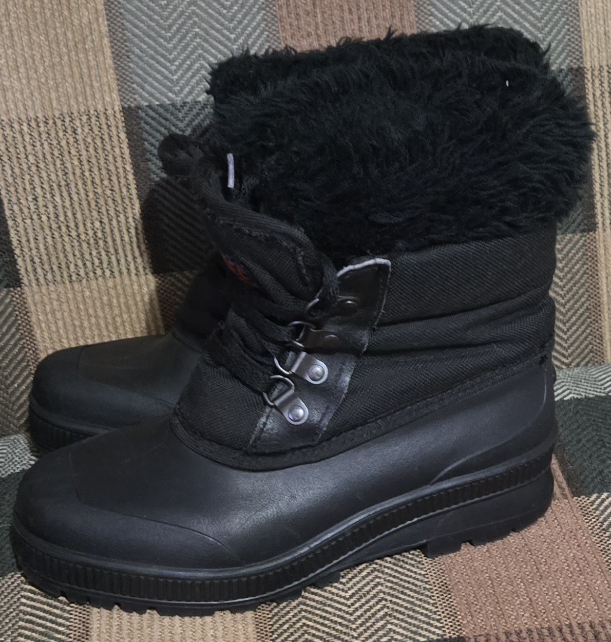 Vintage SOREL Kaufman Black Nylon & Rubber Winter Boots Faux Fur Trim Canada 6