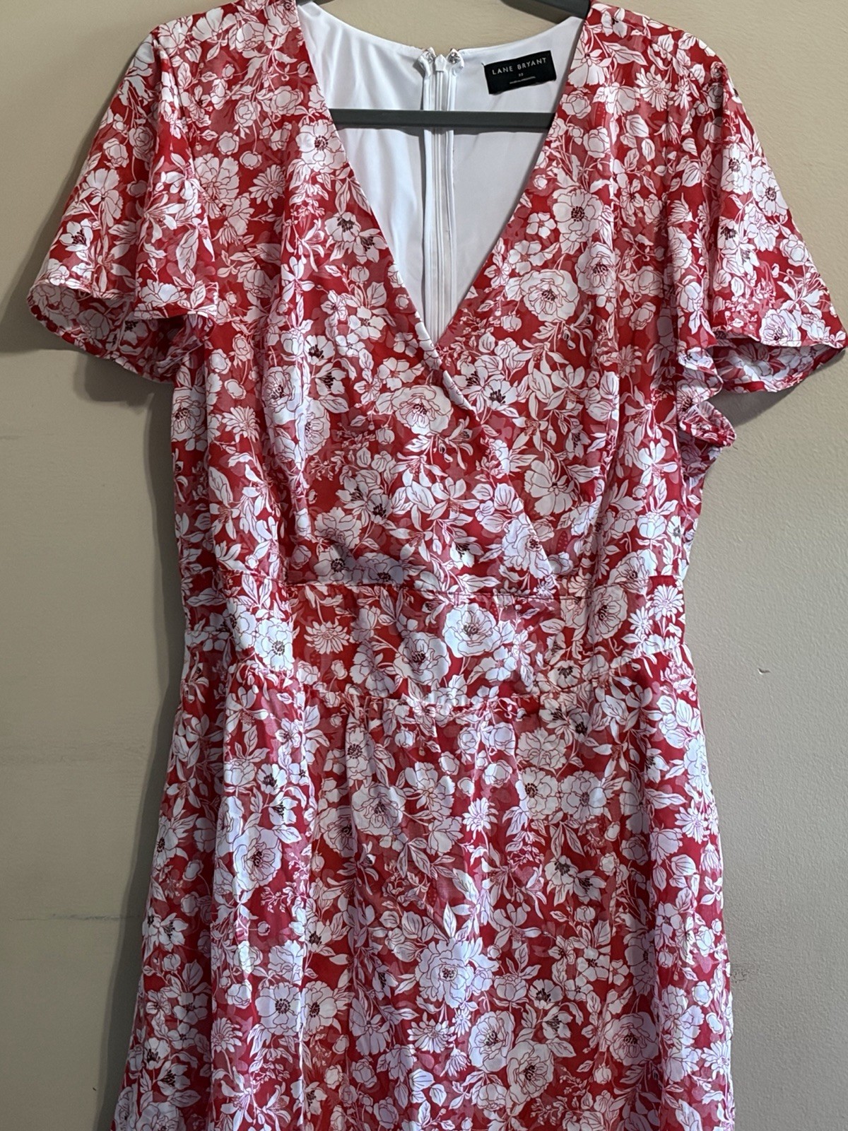 Lane Bryant Red/White Floral V-Neck Short Sleeve Zip Dress Women’s Plus Size 22