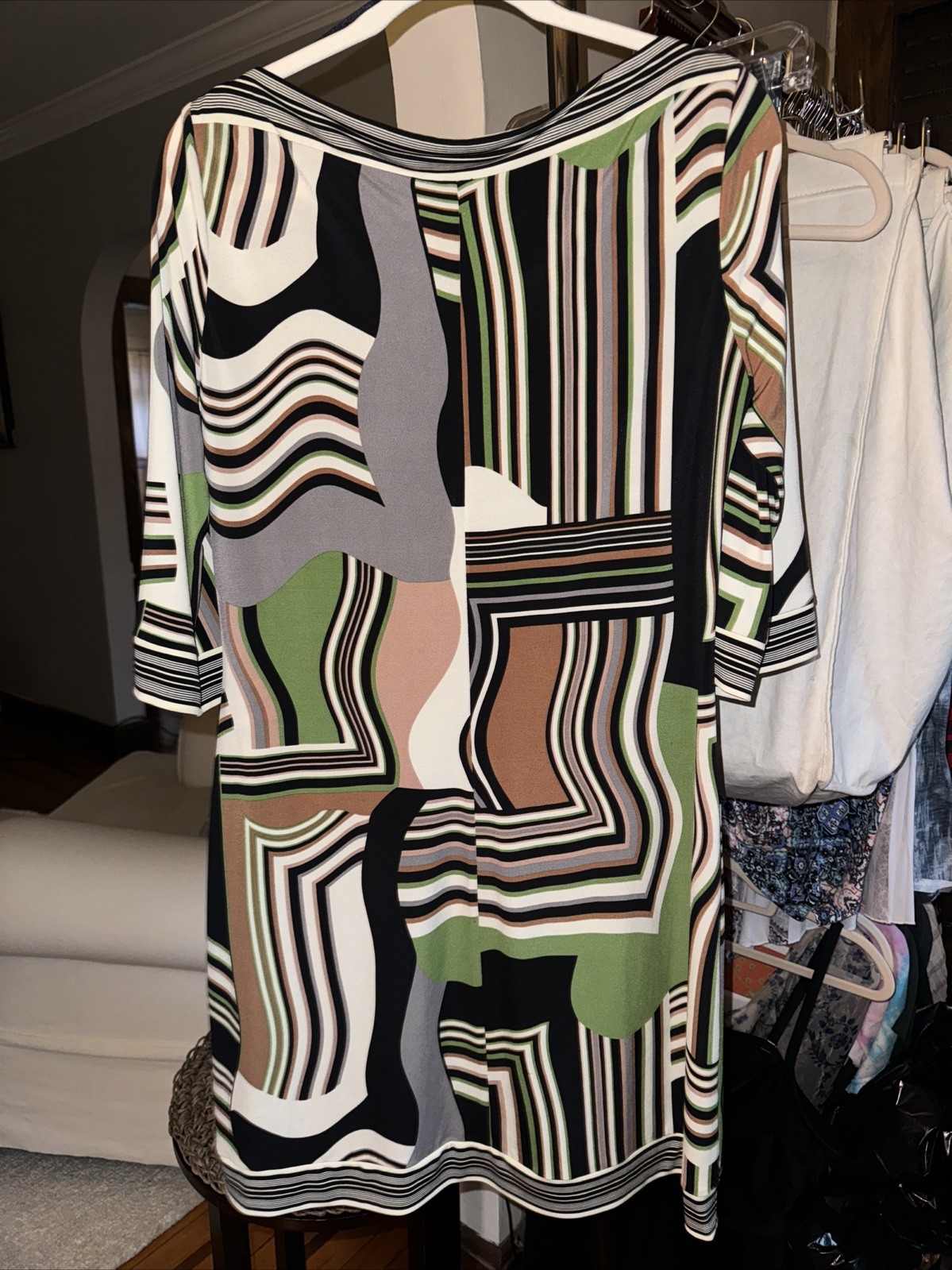 Ali Ro Anthropologie Dress Size 12 Green Abstract Retro Print 3/4 sleeve