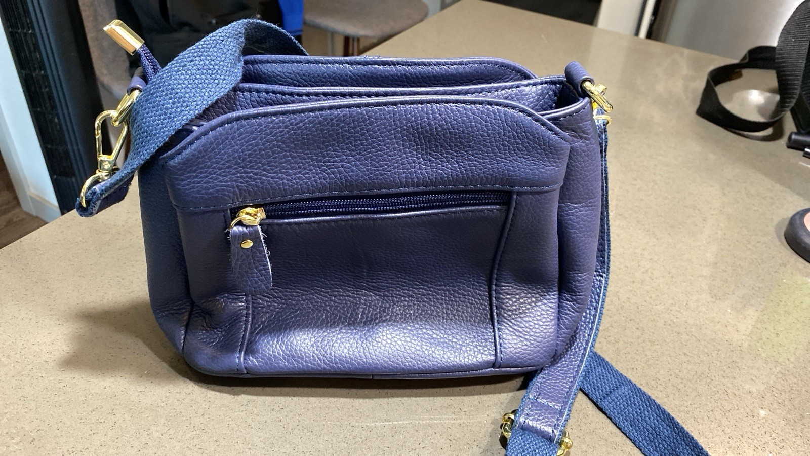Women’s Blue Pebbled Crossbody Zip Bag, Outer Pockets, Detachable Strap
