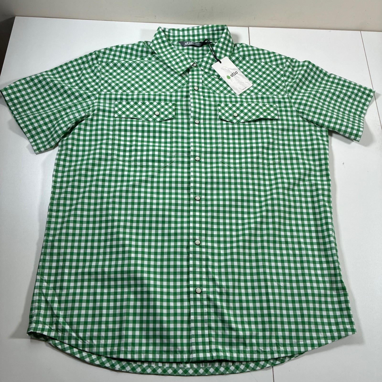 NEW Stio Eddy SS Pearl Snap Shirt Large Green Gingham Check Western Technical