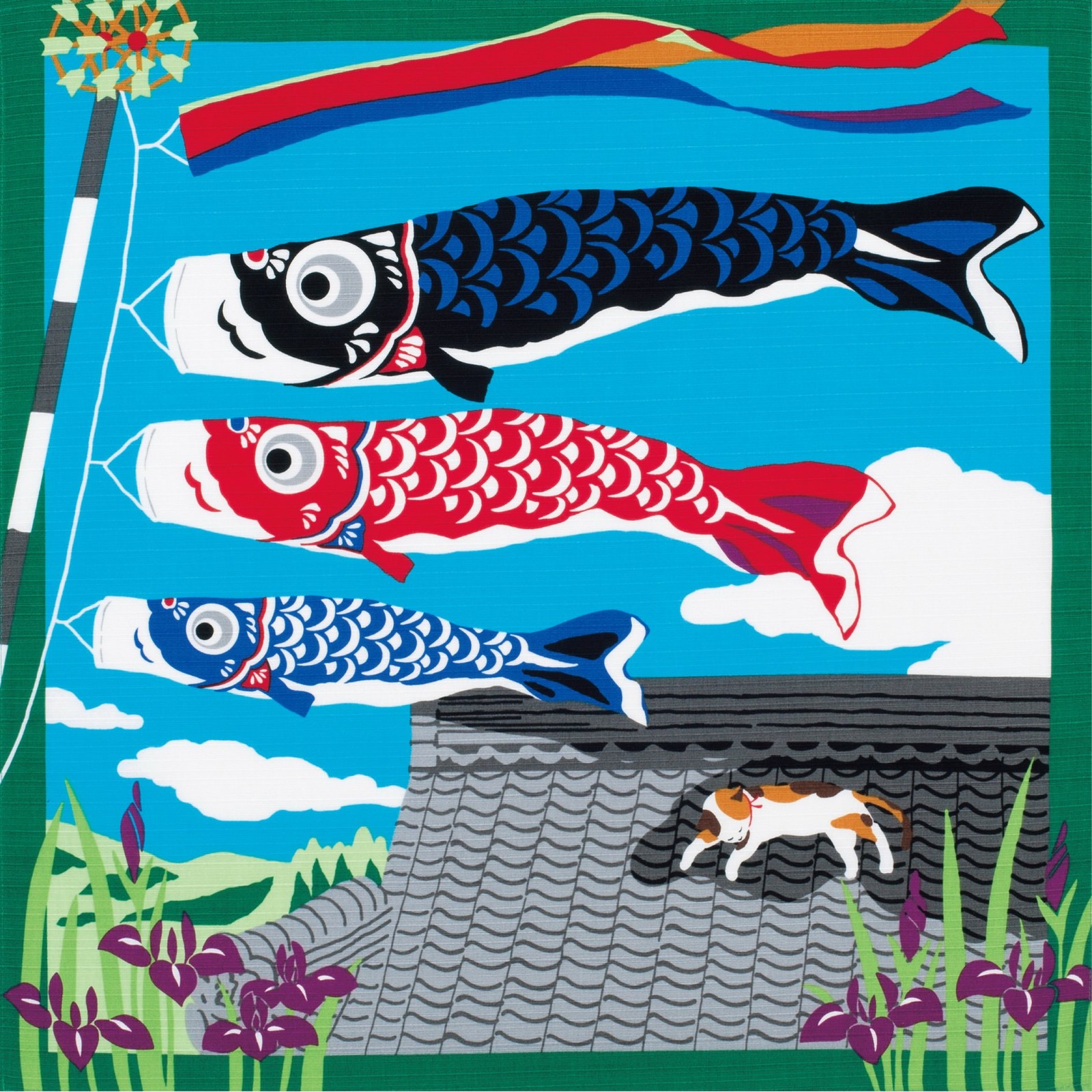 Japanese Wrapping Cloth Cat Carp Streamer May in Japan – 19.7 x 19.7 inches
