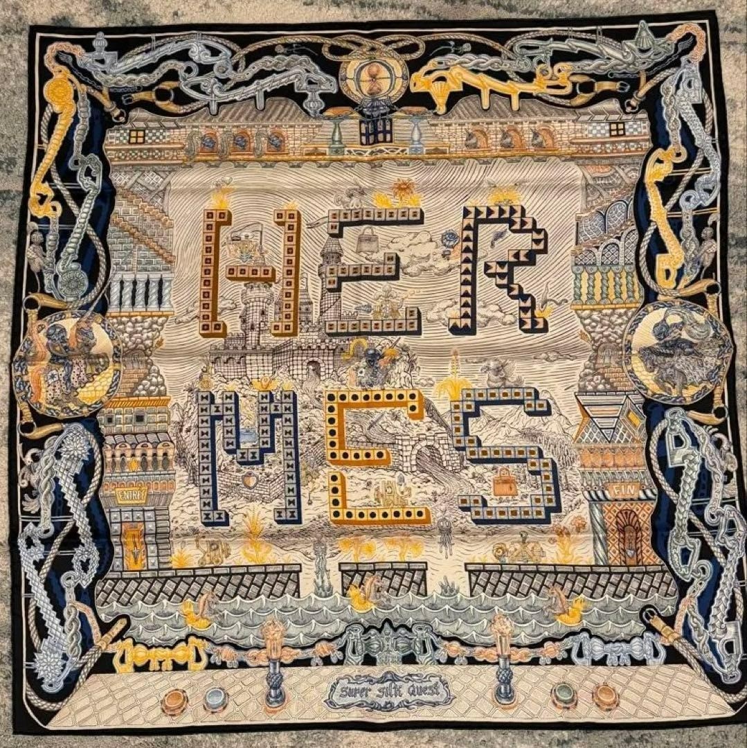 HERMES SUPER SILK QUEST Carre 90 Silk100% Black/Blue/Beige 2023AW Near Mint t46