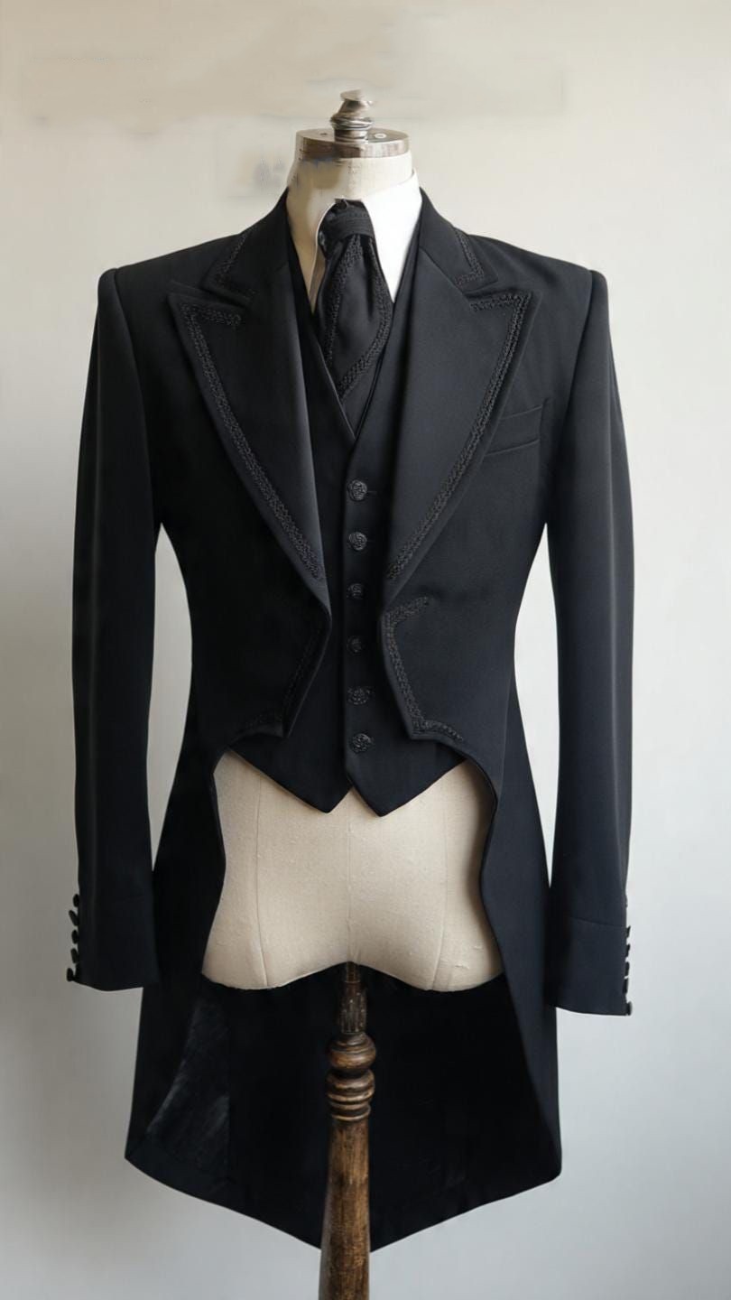 3Pcs Mens Suit Dinner Evening Tailcoat Peak Lapel Tuxedos Blazer Business Jacket