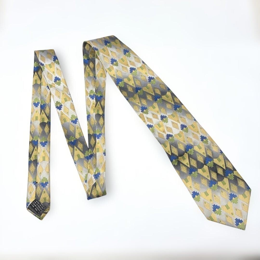 GIANNI VERSACE Tie Geometric Gray Black Yellow Green Blue Vintage Authentic