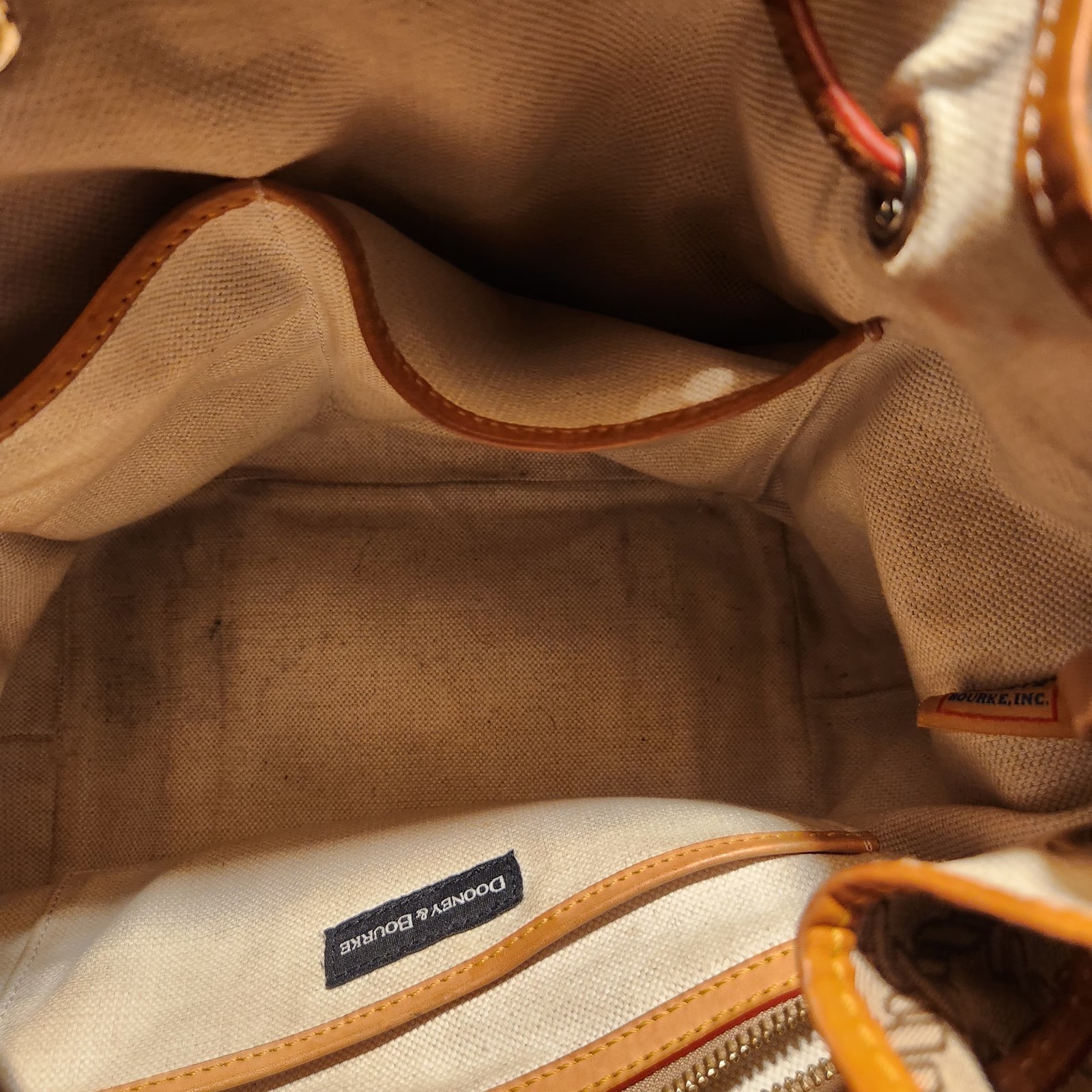 Dooney & Bourke Logo Bucket Drawstring Shoulder Bag Beige/Brown Gold Hardware