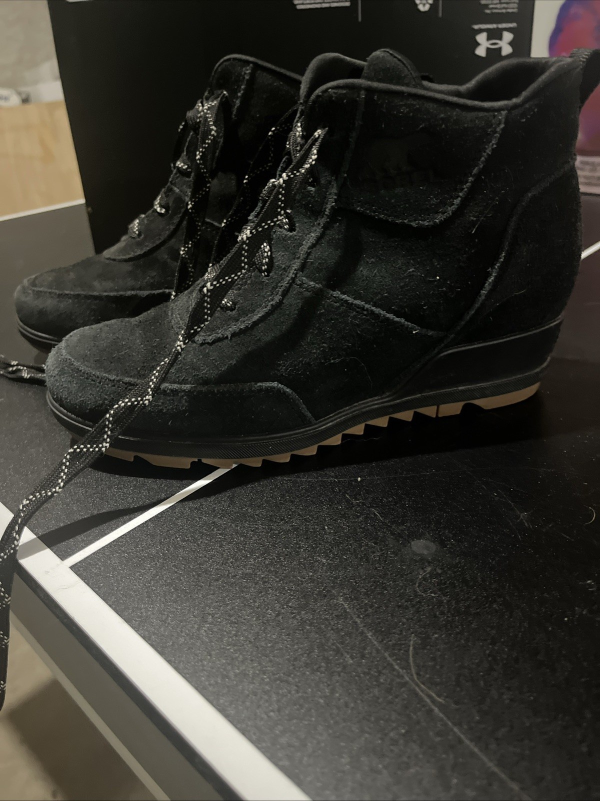Sorel Evie Sport Lace Black Suede Wedge Boots Waterproof NL3817-011 Size 6.5