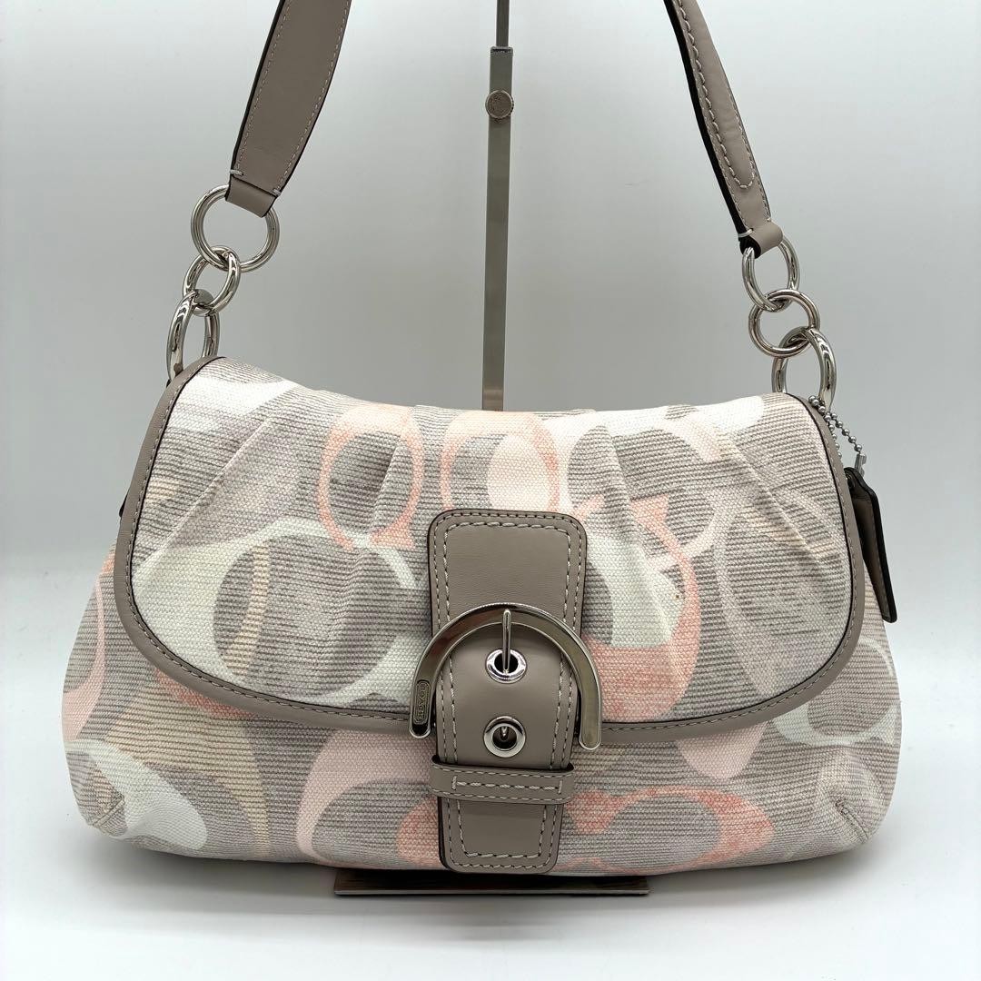 COACH Soho One Shoulder Bag Canvas Optic White Pink Pre-Owned Used 32x19x9 cm