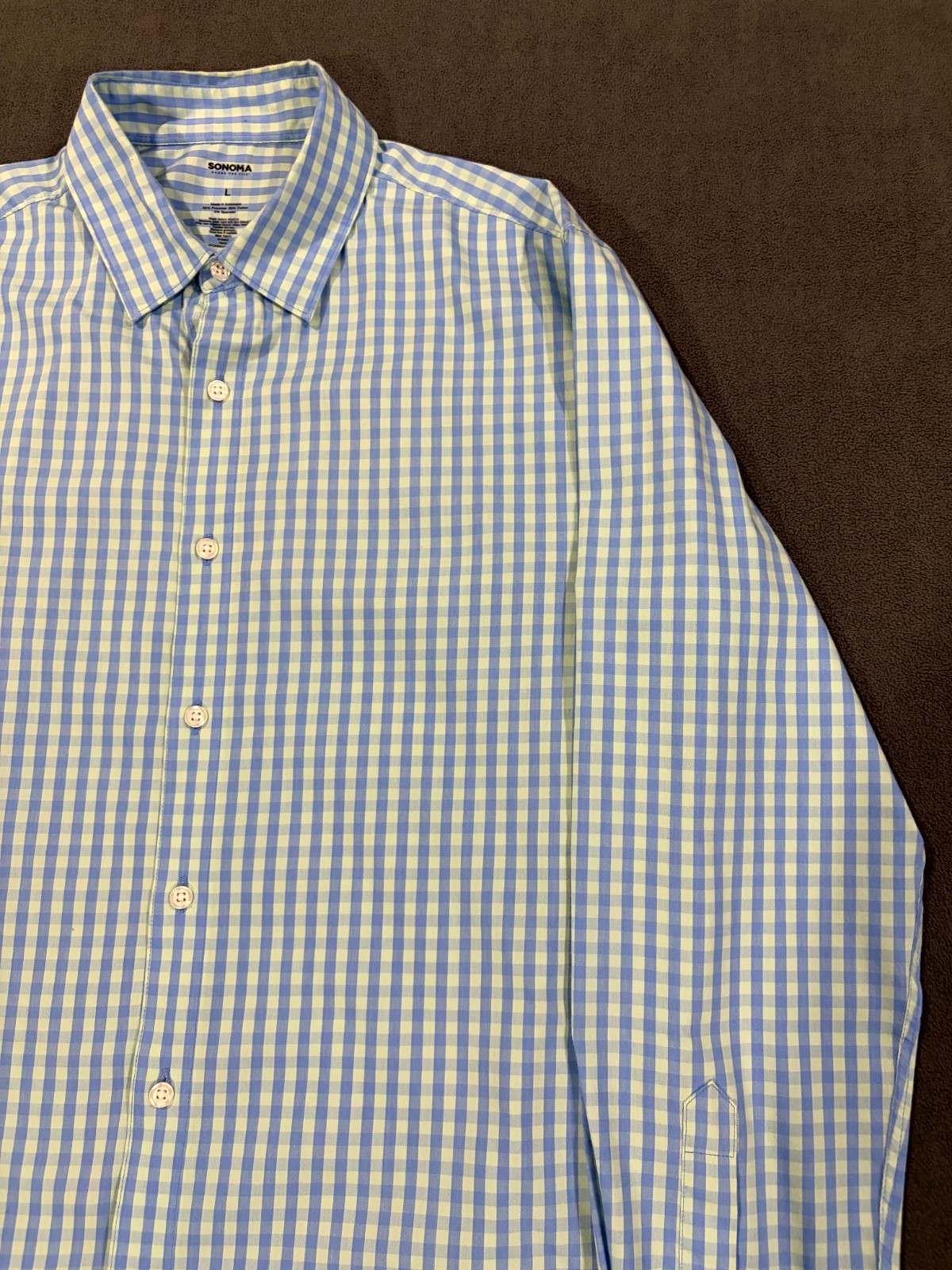 Sonoma Shirt Mens Large Gray Gingham Check Performance Stretch Pleated Button Up