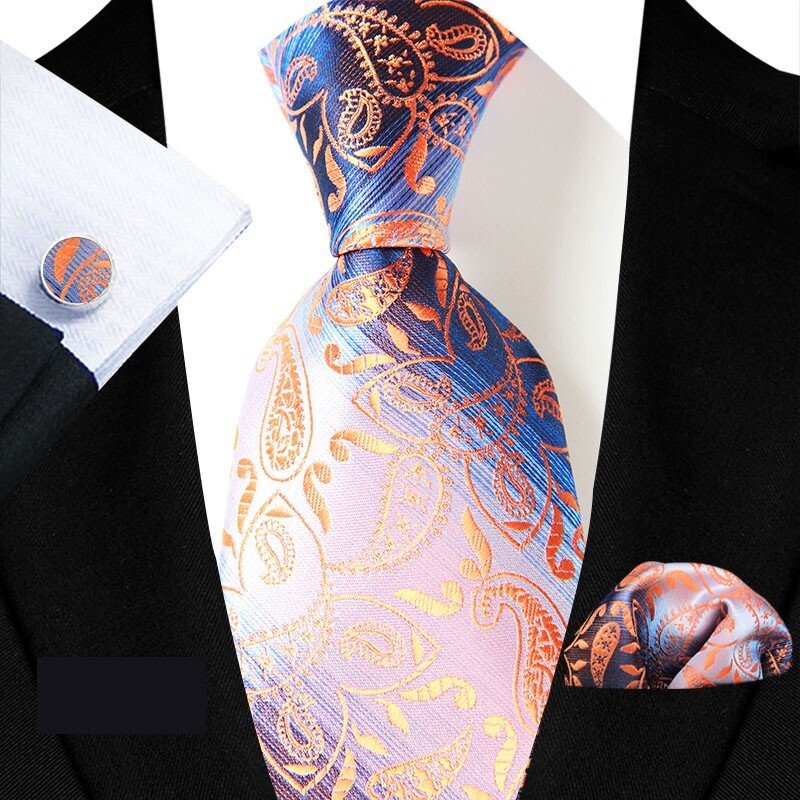 Classic Paisley Orange Blue Jacquard Silk Men’s Tie Necktie Hanky Cufflink Set