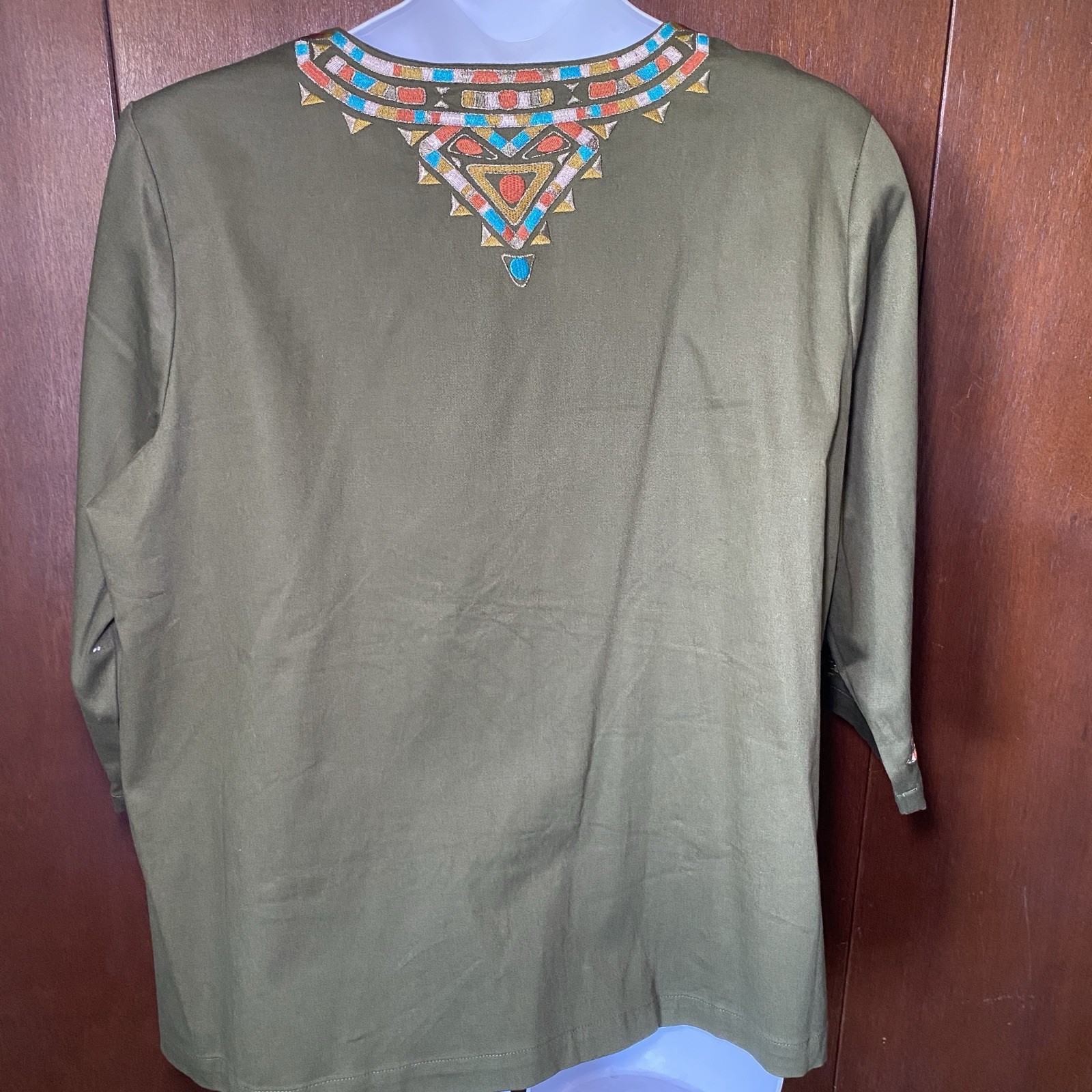 Bob Mackie Wearable Art Embroidered Southwestern Aztec Cotton Green Top 2X