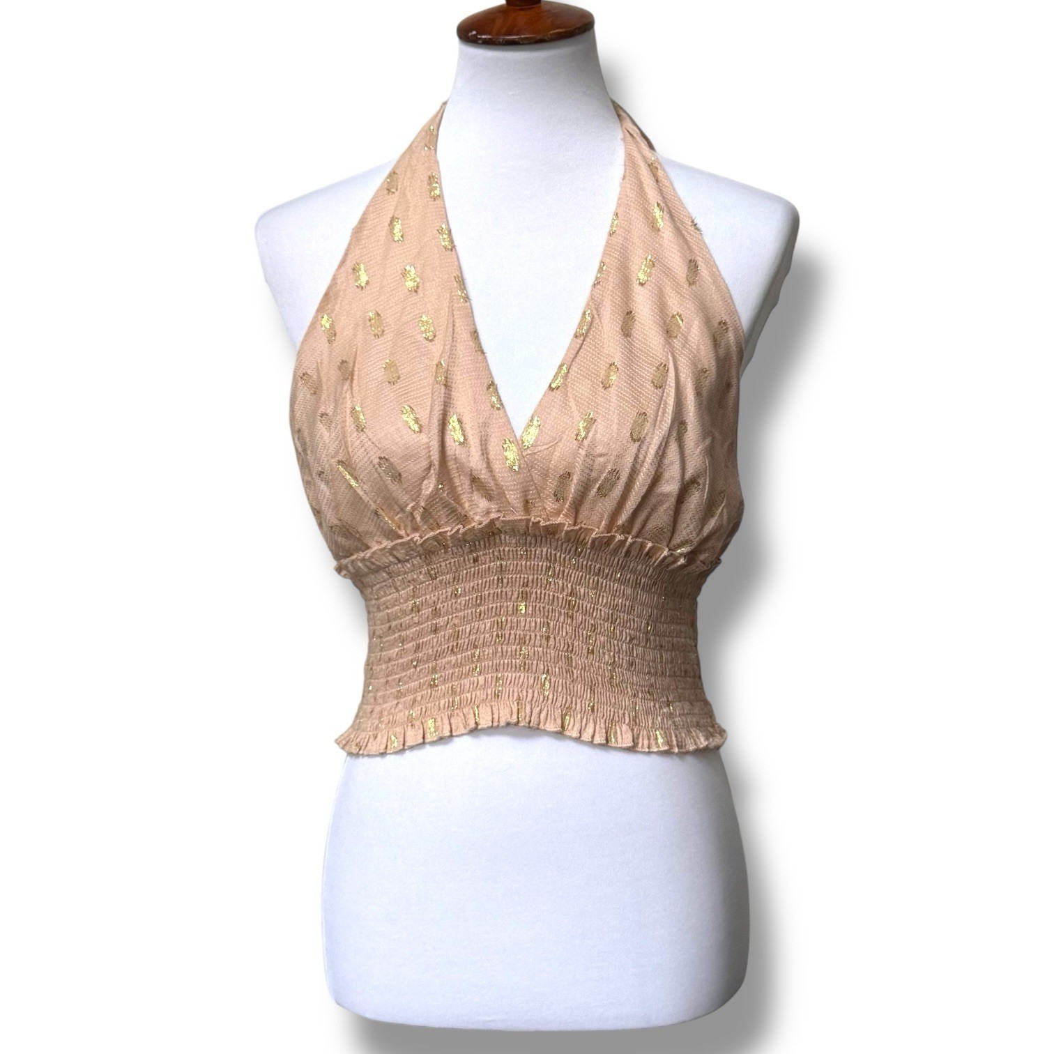 NWOT Surf Gypsy Sleeveless Smocked Halter Neck Cropped Top Beige Women’s Size M