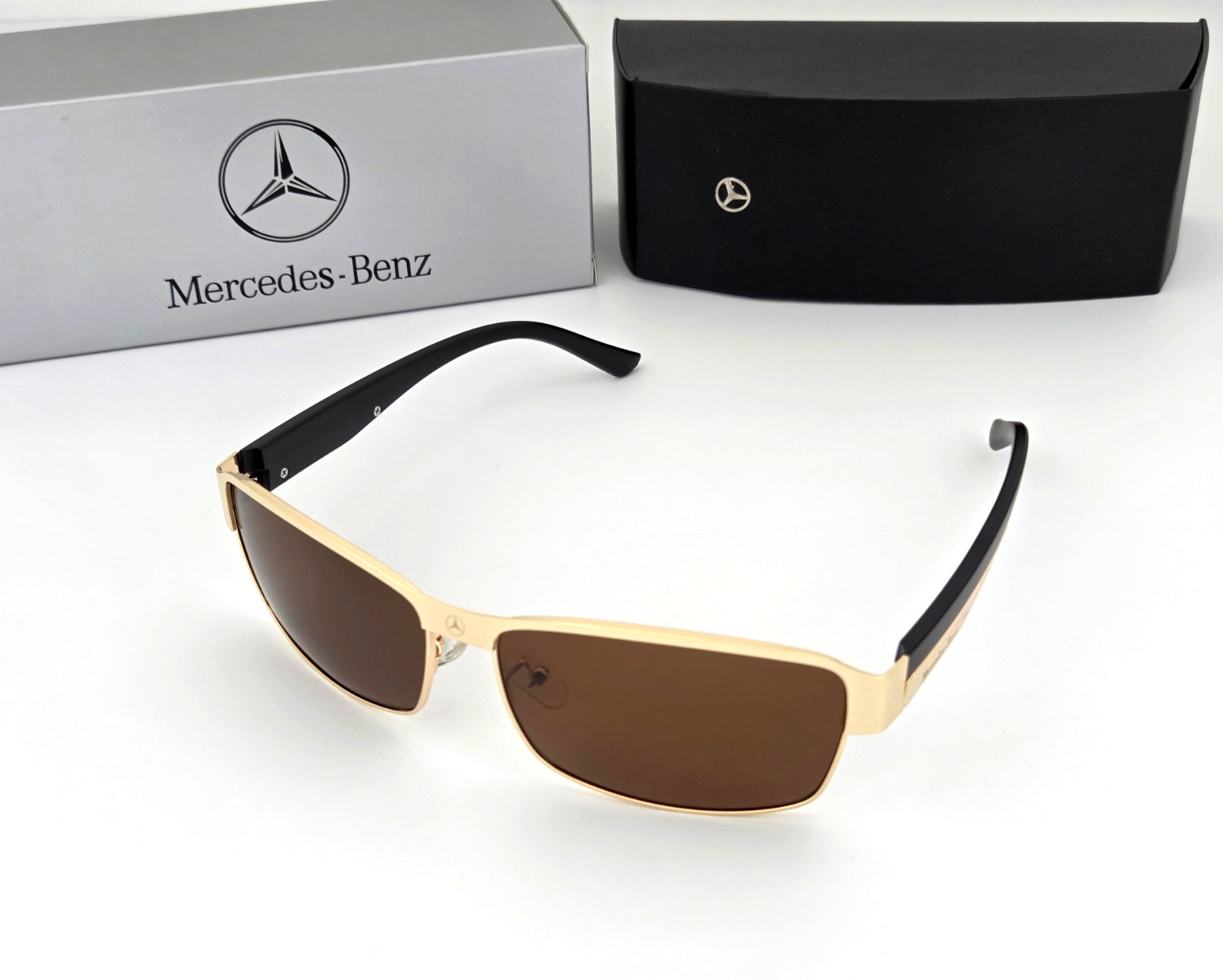 Polarized Mercedes Metal Rectangle Sunglasses Gold Frame Brown Lens MB32