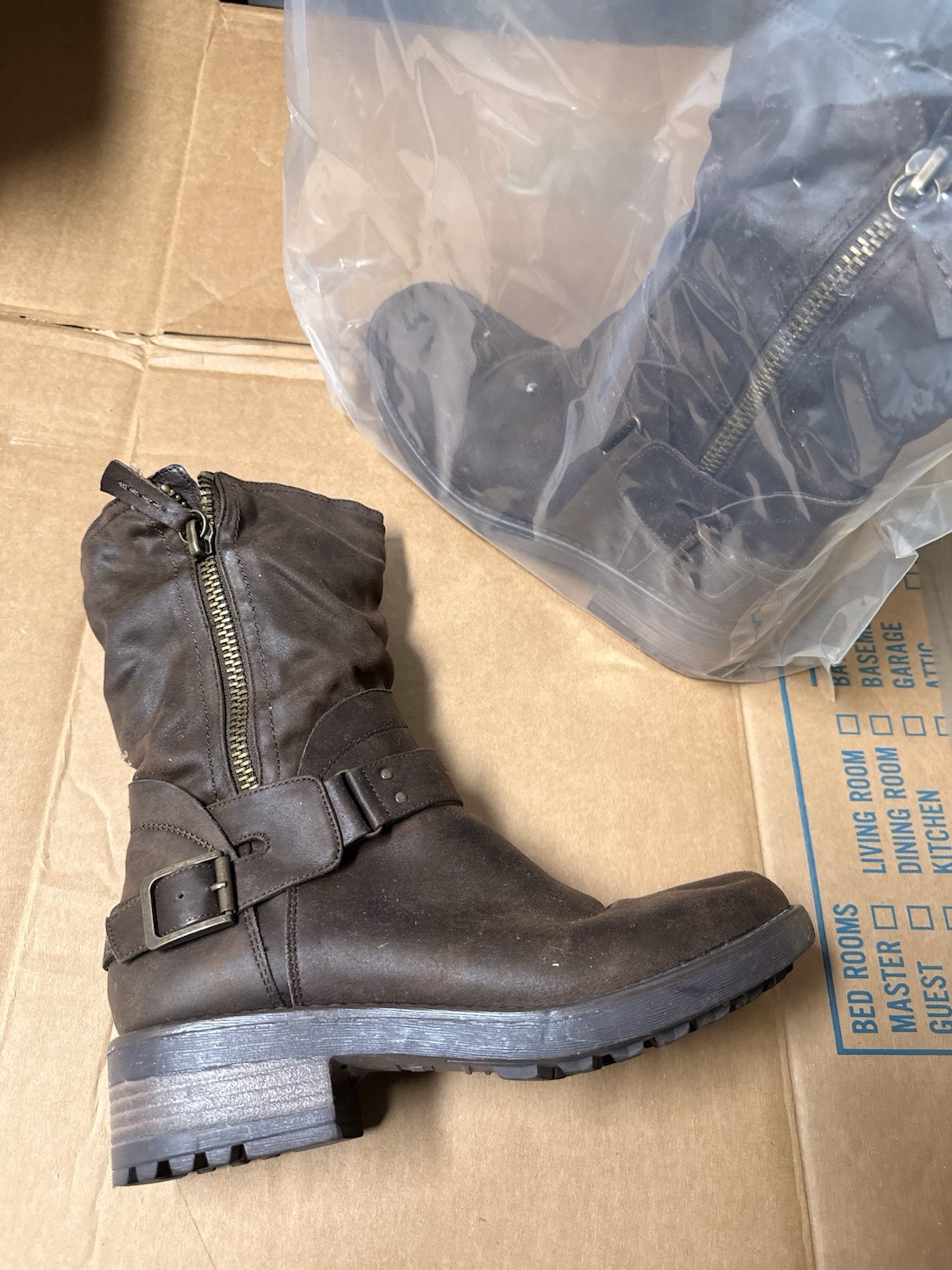 Fergie Women’s Brown Leather Mid-Calf Biker Boots Zip Buckle Round Toe 8